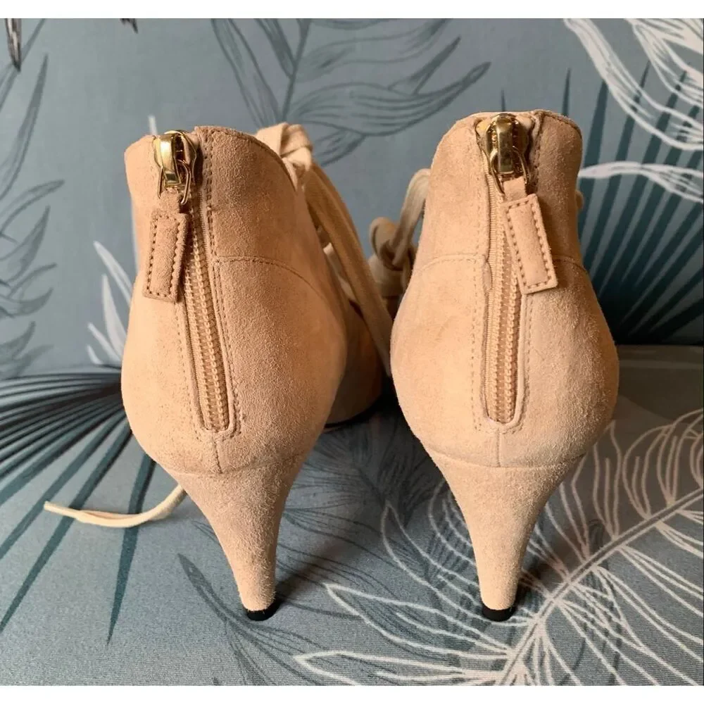 NEW IN BOX Derek Lam Montparnasse tan Suede Lace Up Booties Heels Shoes sz 38